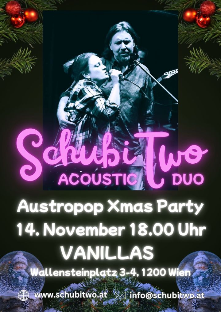 Small club stage: acoustic duo mid-performance with colored lights and audience silhouettes.